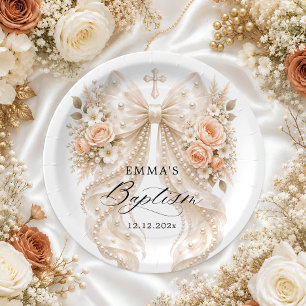 Baptism Floral Bow with Pearl Paper Plates
