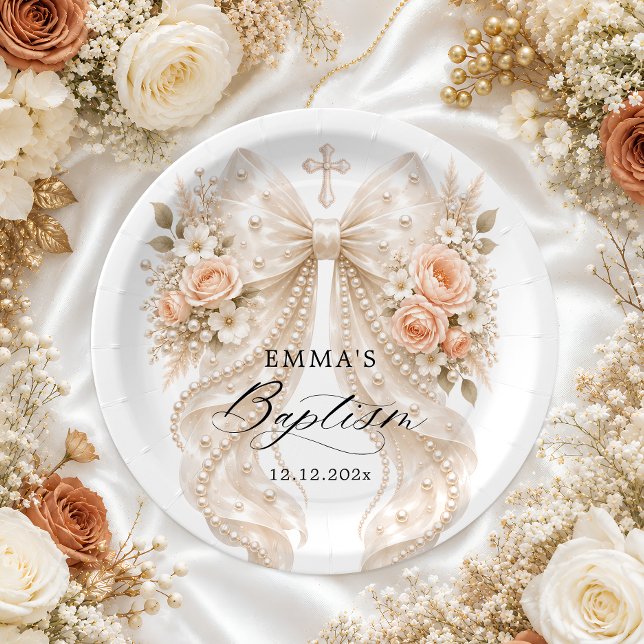 Baptism Floral Bow with Pearl  Paper Plates (Creator Uploaded)
