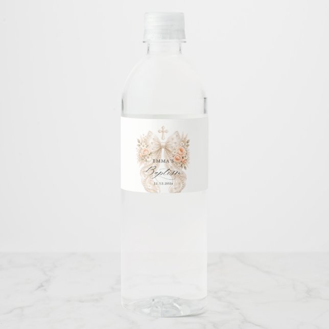 Baptism Floral Bow with Pearls Water Bottle Label (Front)