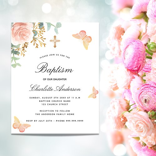 Baptism floral butterfly rose budget invitation flyer