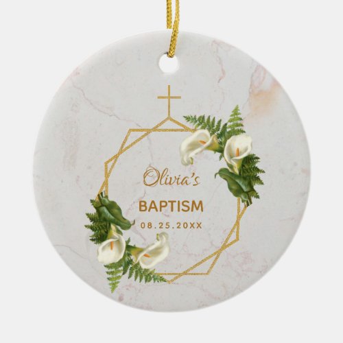 Baptism Floral Calla Lilies Fern Marble Gold Photo Ceramic Ornament