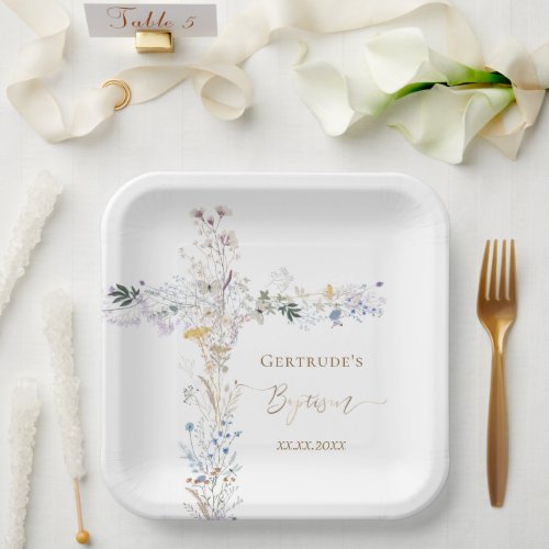 Baptism floral cross paper plates