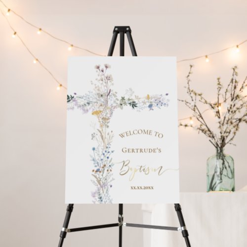 Baptism floral cross welcome sign
