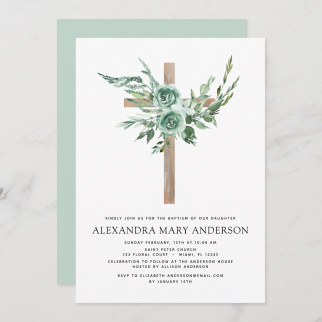 Baptism Floral Eucalyptus Greenery Invitation (Front/Back)