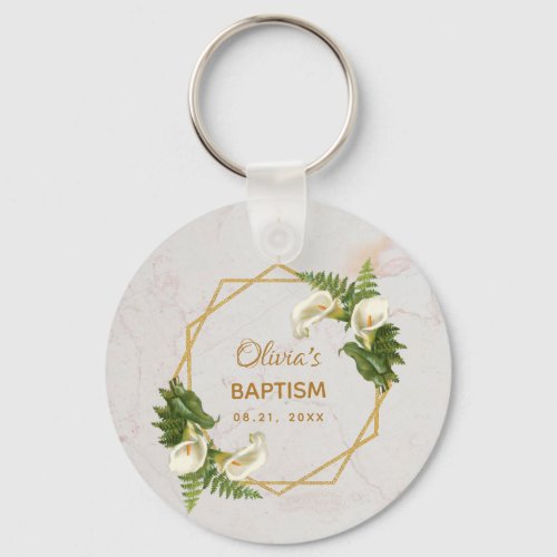 Baptism Floral Geometric Gold Marble Calla Lilies Keychain