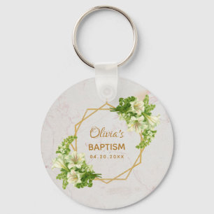 Baptism Floral Geometric White Lilies Gold Marble Keychain