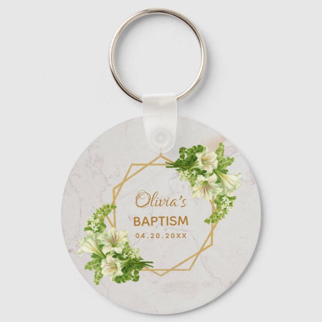 Baptism Floral Geometric White Lilies Gold Marble Keychain (Front)