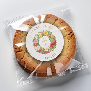 Baptism Floral Gold Cross Wild Rose Wreath Marble Classic Round Sticker