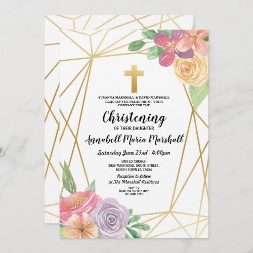 Baptism Floral Gold Frame Christening Girl Boy Invitation