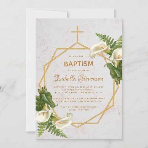 Baptism Floral Gold Marble Calla Lilies Geometric  Invitation