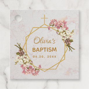 Baptism Floral Gold Pink Orchids Marble Geometric Favor Tags