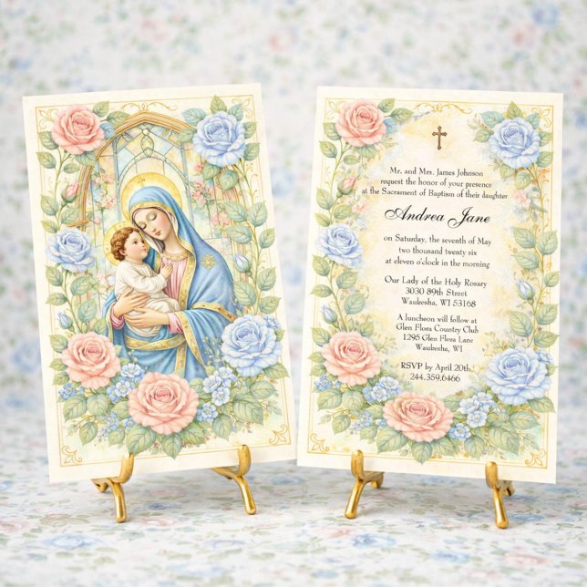 Baptism Floral Jesus Blessed Mother Roses Invitation (Creator Uploaded)