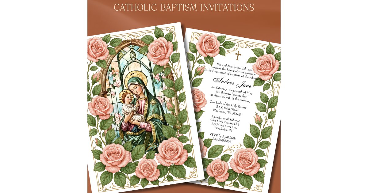 Baptism Floral Jesus Blessed Mother Roses Invitation | Zazzle