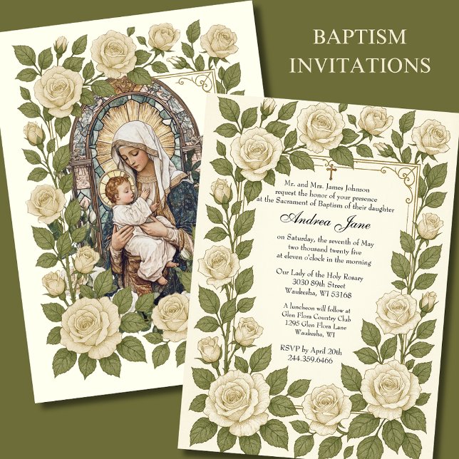Baptism Floral Jesus Blessed Mother Roses Invitation (Creator Uploaded)