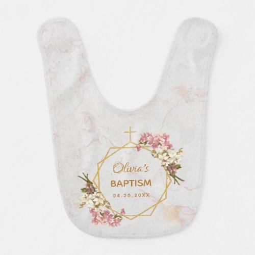 Baptism Floral Marble Gold Pink Orchids Geometric Baby Bib