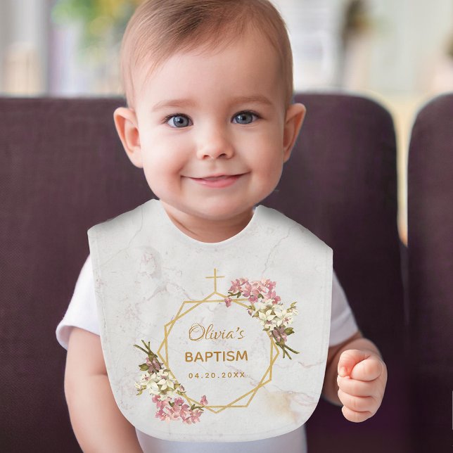 Baptism Floral Marble Gold Pink Orchids Geometric Baby Bib (Creator Uploaded)