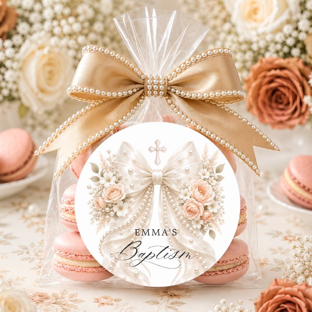 Baptism Floral Pearl Bow  Classic Round Sticker (Creator Uploaded)