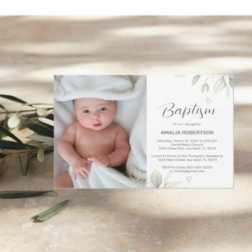 Baptism Floral Photo Greenery Golden Invitation