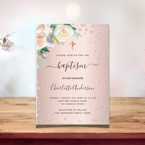 Baptism floral rose gold pink budget invitation flyer