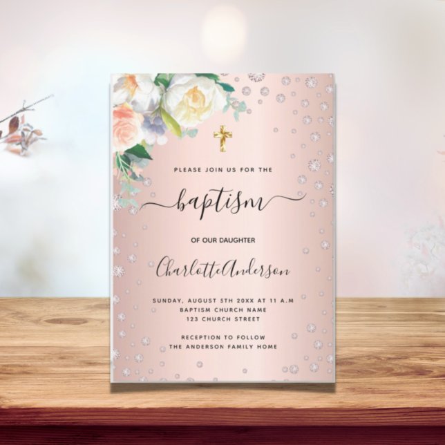 Baptism floral rose gold pink girl elegant invitation (Creator Uploaded)