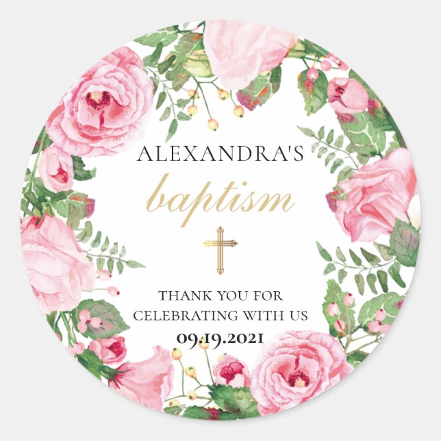 Baptism Floral Thank You Classic Round Sticker (Front)