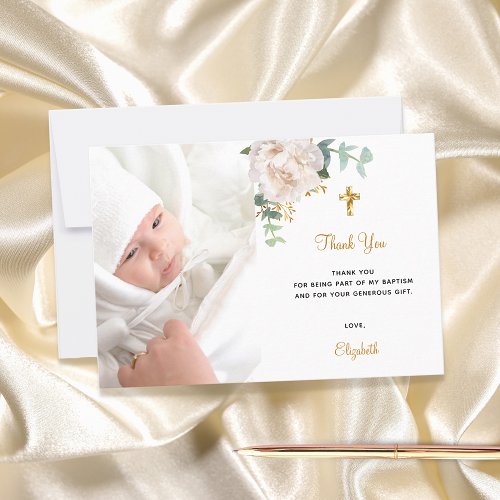 Baptism floral white gold photo thank you card