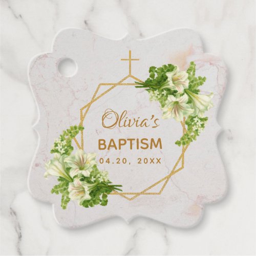 Baptism Floral White Lilies Gold Marble Geometric Favor Tags