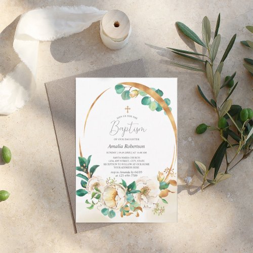 Baptism Floral with Greenery Golden Invitation