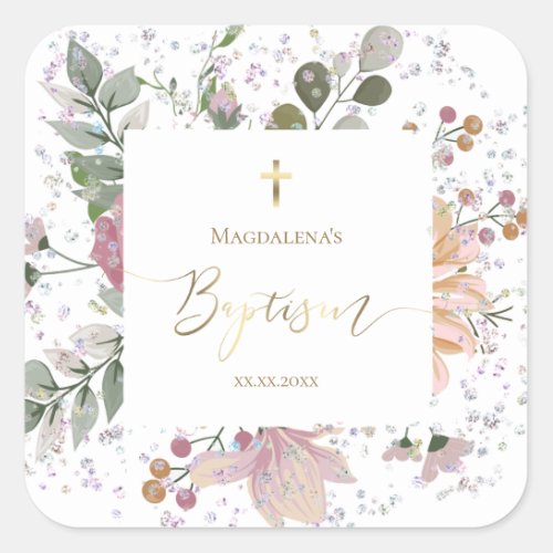 Baptism flowers baby girl square sticker