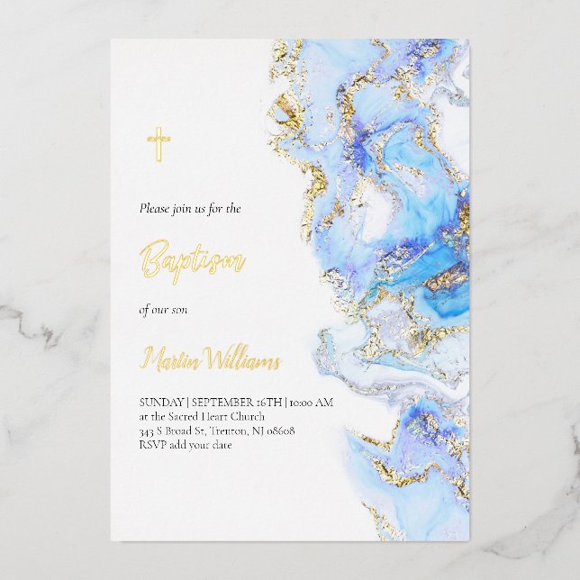 Baptism fluid marble design foil invitation (Front)
