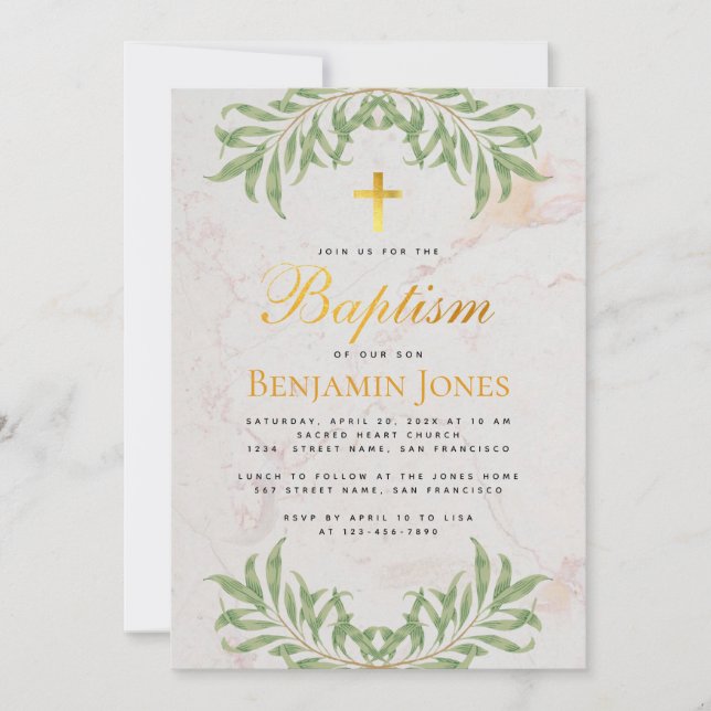 Baptism Foliage Faux Gold Cross Calligraphy Marble Invitation (Front)
