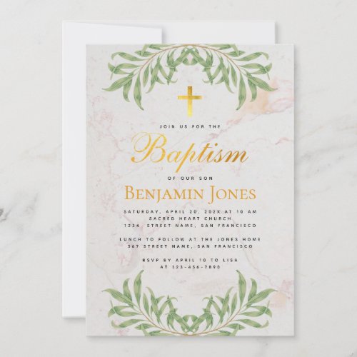 Baptism Foliage Faux Gold Cross Calligraphy Marble Invitation