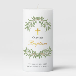 Baptism Foliage Faux Gold Foil Script Greenery Pillar Candle