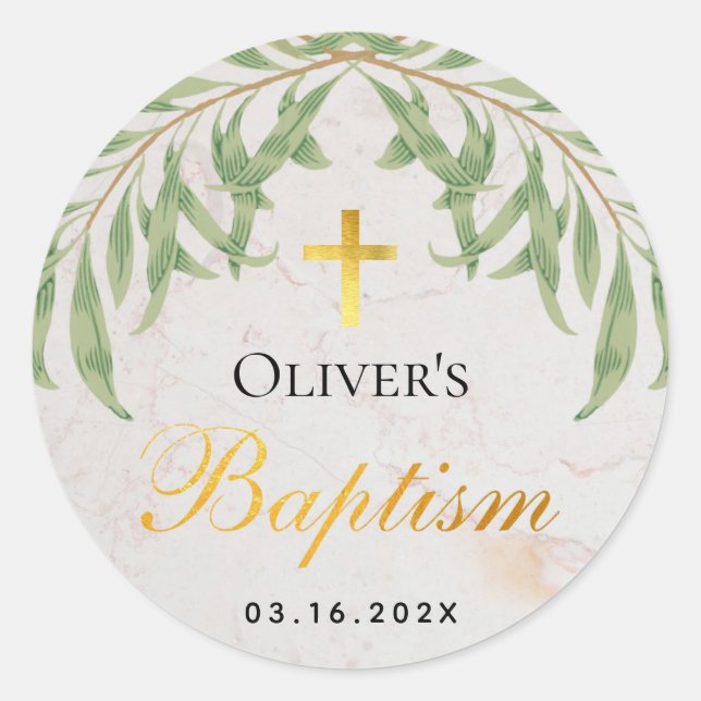 Baptism Foliage Faux Gold Foil Script Marble Classic Round Sticker (Front)