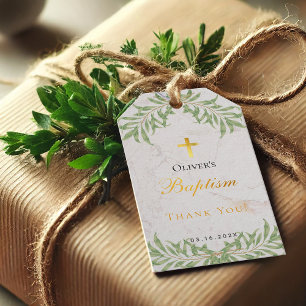Baptism Foliage Marble Faux Gold Foil Script Gift Tags