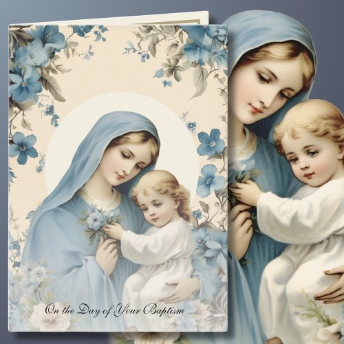 Baptism For Baby Blessed Mary Blue Floral Card