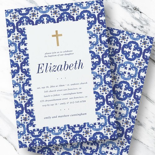 Baptism For Her Blue and White Mediterranean Tiles Invitation