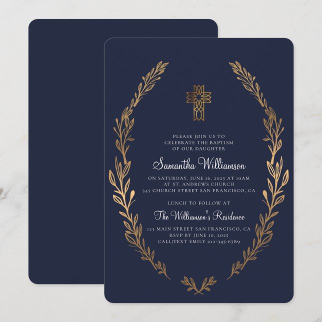Baptism For Her Faux Gold Foliage Blue Invitation (Front/Back)