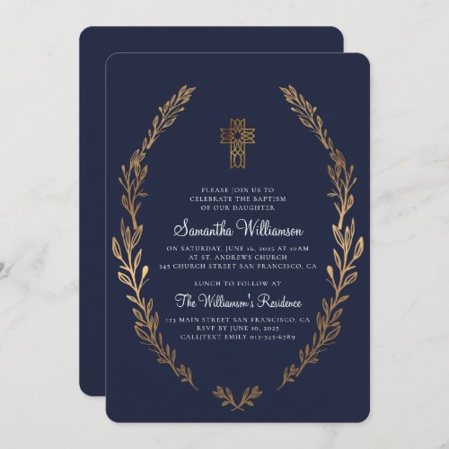 Baptism For Her Faux Gold Foliage Blue Invitation