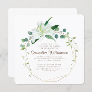 Baptism For Her Geometric and Modern White Floral Invitation