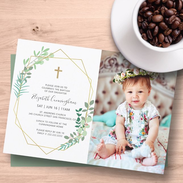 Baptism For Her Geometric Foliage Cross Invitation (Creator Uploaded)