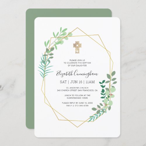 Baptism For Her Geometric Foliage Gold Cross Invitation