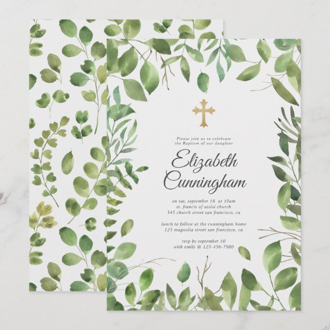 Baptism For Her | Gold Cross Greenery Foliage Leaf Invitation (Front/Back)