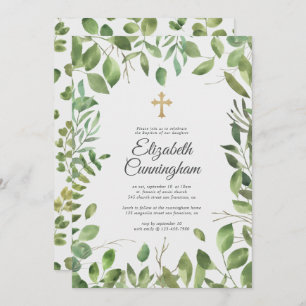 Baptism For Her Gold Cross Greenery Foliage Leaf Invitation
