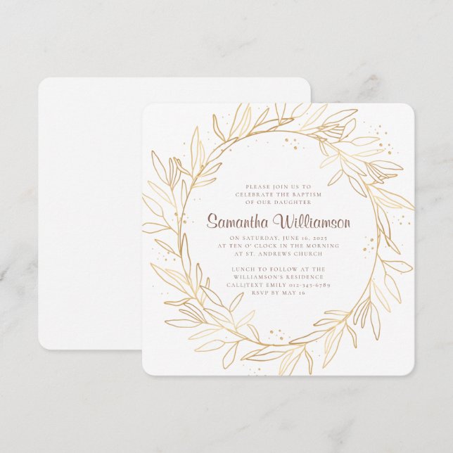 Baptism For Her Gold Foliage Modern Invitation (Front/Back)