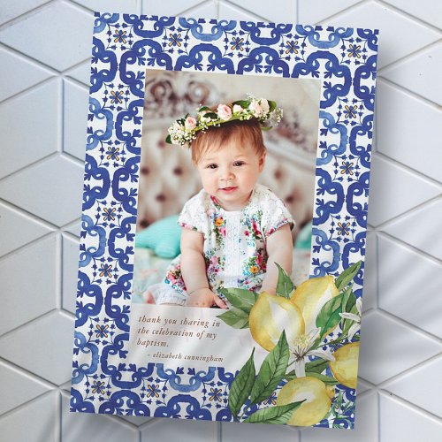 Baptism For Her Mediterranean Tiles Lemons Flowers Thank You Card