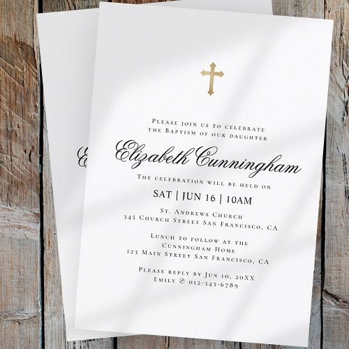 Baptism For Her  Minimalist Gold Cross Invitation