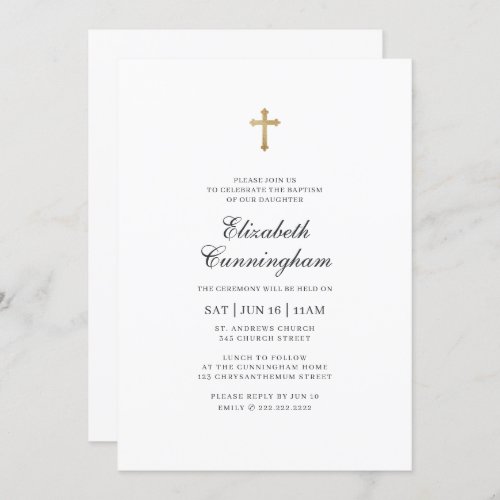 Baptism For Her Minimalist with Faux Gold Cross Invitation