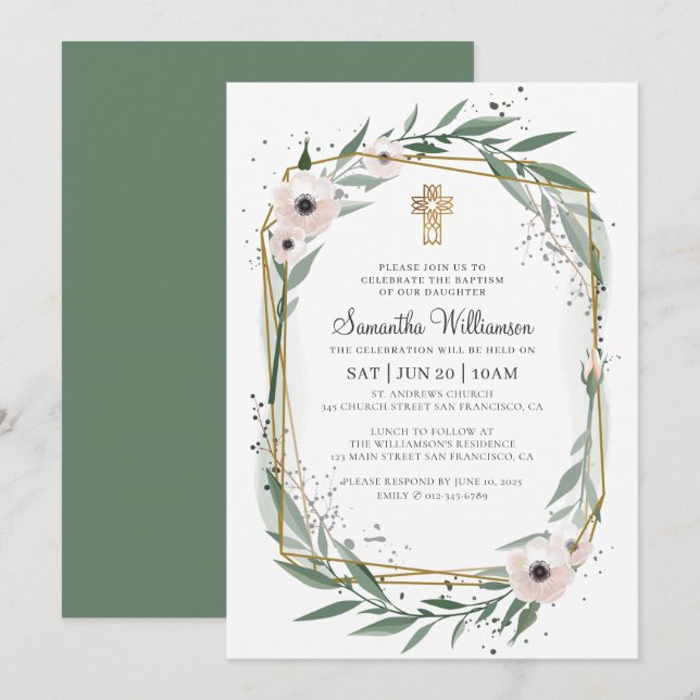 Baptism For Her Modern Geometric Floral Cross Invitation (Front/Back)