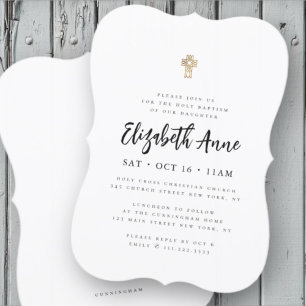 Baptism For Her Modern Minimalist Gold Cross Invitation